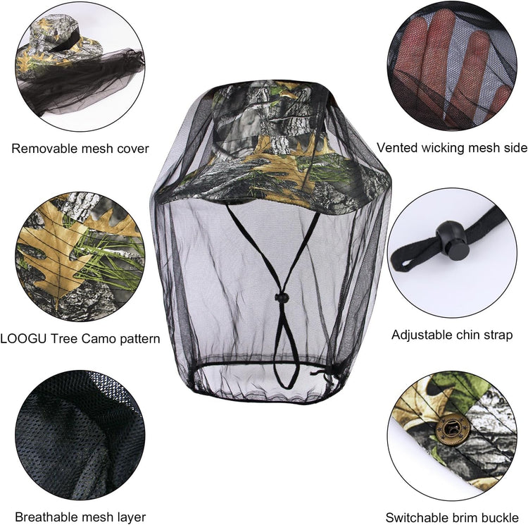 LOOGU Removable Head Net Hat for Men and Women Boonie Hat Sun Hat Bucket Hat with Mosquito Head Net